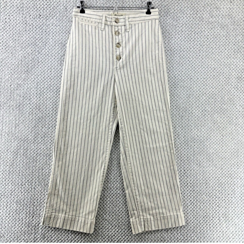 Madewell Pants Women 27 Cream Indigo Striped Slim Emmett Wide Leg Crop Trouser